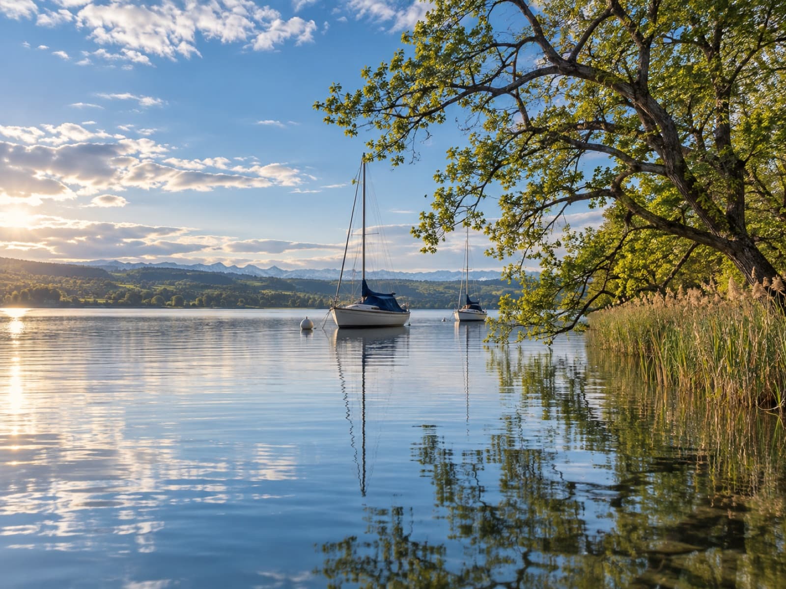 Segelboote auf dem Sempachersee, im Vordergrund ein Baum am Ufer