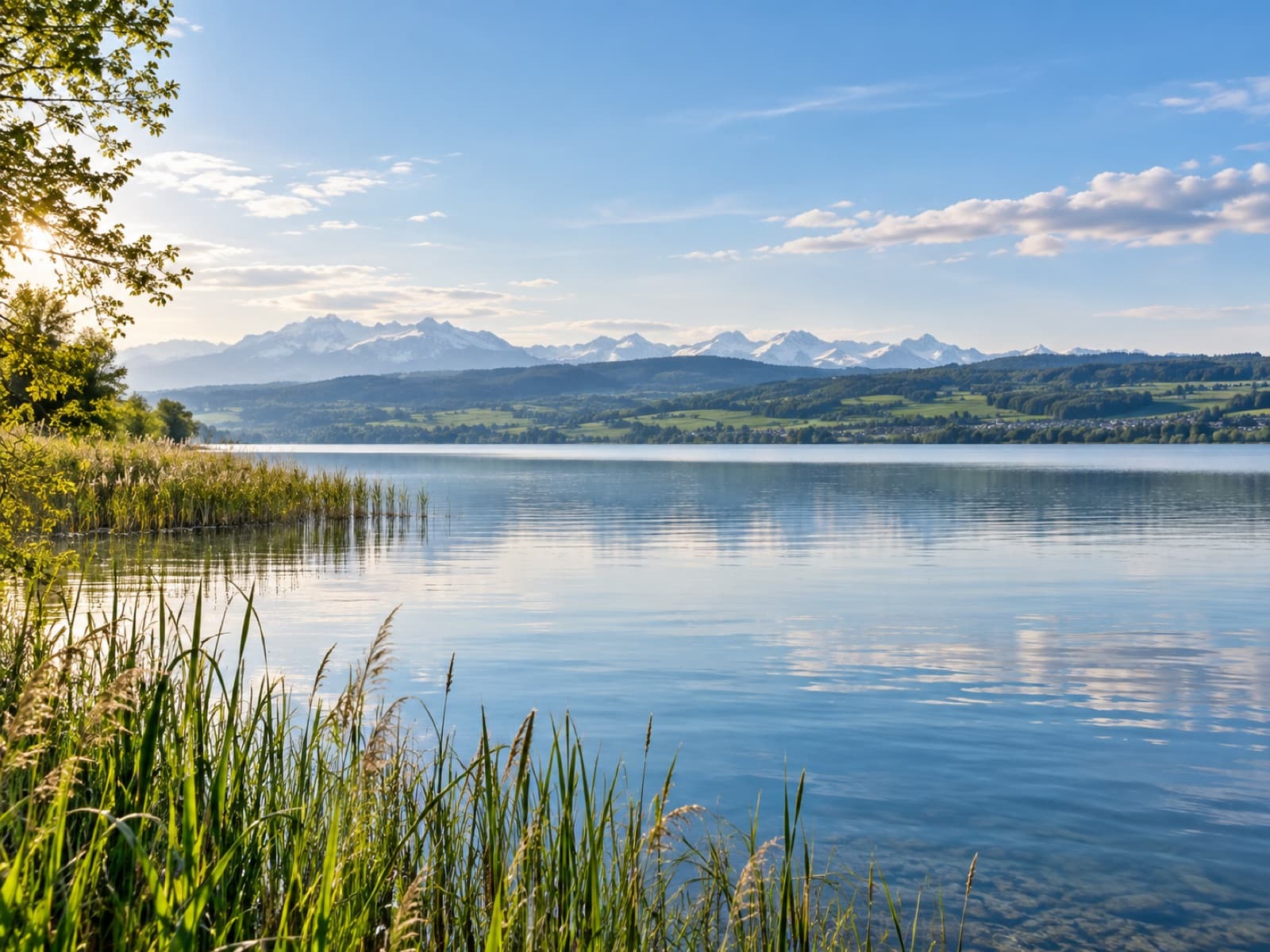 Ufer des Sempachersees mit Schilf, ruhigem Wasser und den Alpen am Horizont
